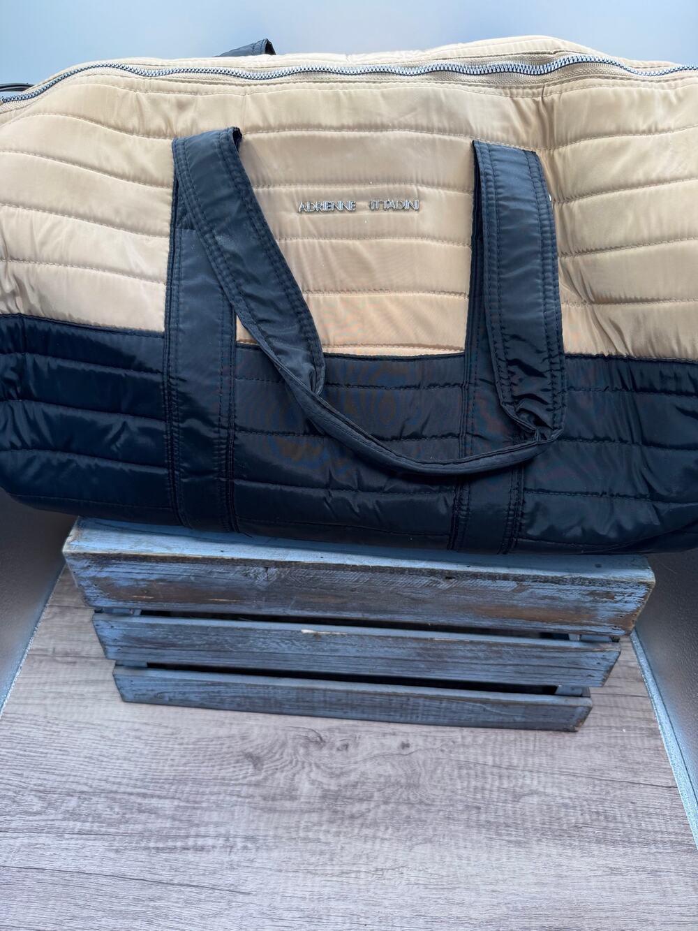 Adrienne Vittadini Quilted Duffle Bag -Tan/Black Travel Weekender -Gym Carry On⁠